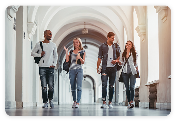 Tealium for Education - students talking, walking, and smiling.